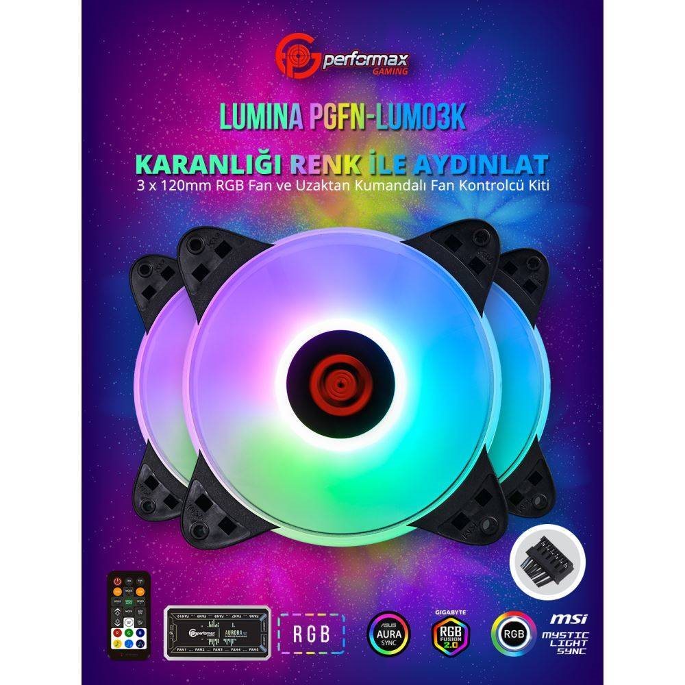 FAN PERFORMAX LUMİNA RGB 120MM ÜÇLÜ FAN KİTİ KUMANDALI PGFN-LUM03K