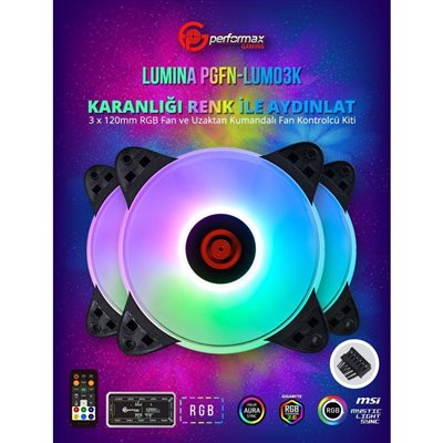 FAN PERFORMAX LUMİNA RGB 120MM ÜÇLÜ FAN KİTİ KUMANDALI PGFN-LUM03K