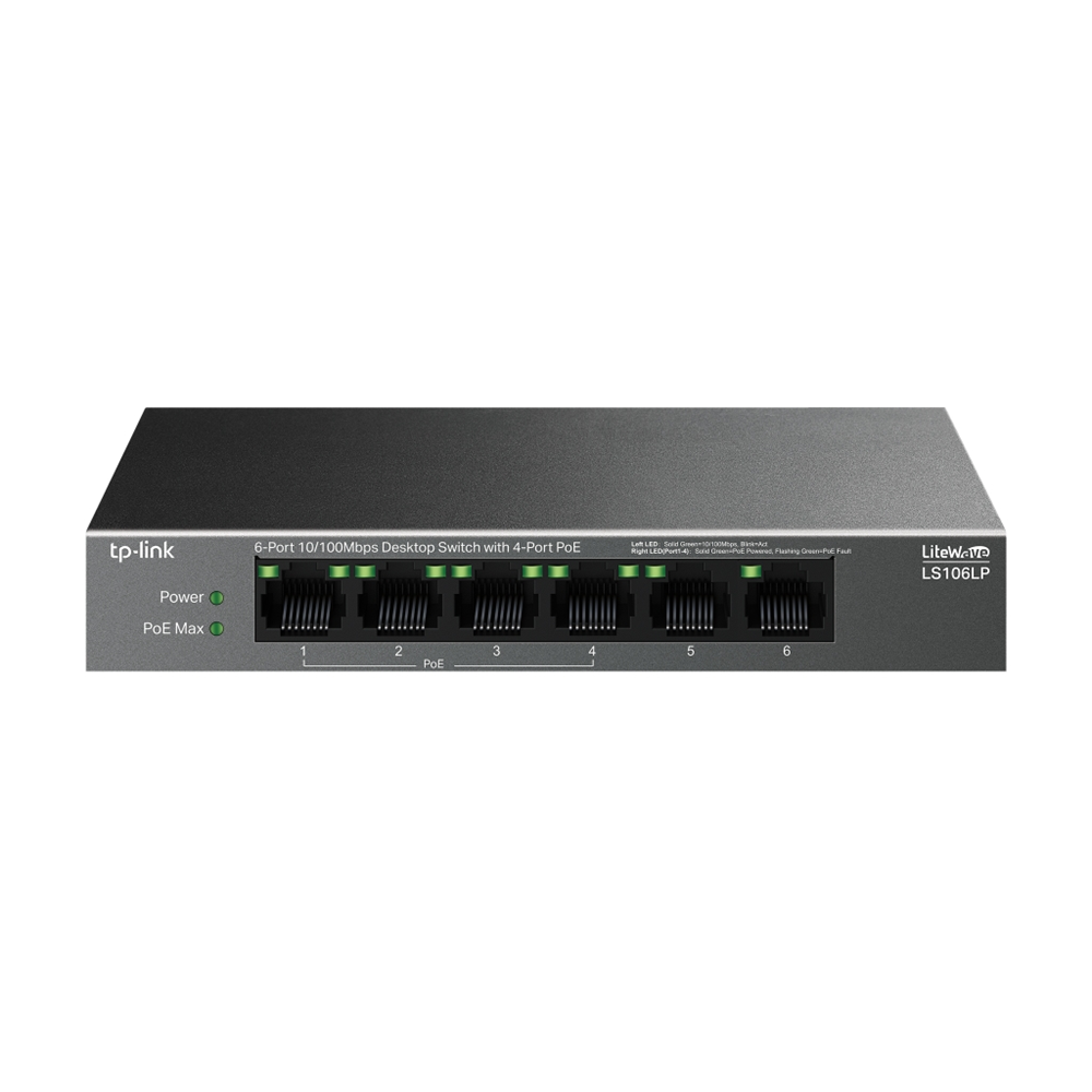 TP-LINK LS106LP, Green Tech, 6 Port, MegaBit, 4 Port PoE 41W, Metal Kasa, Yönetilemez, Masaüstü Switch