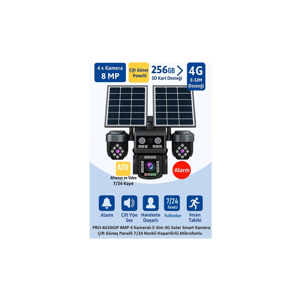 BALANDI PRO-8420GIP 8MP 4 Kameralı 4G AOV ESIM  Solar Kamera, HIEASY Yazılım