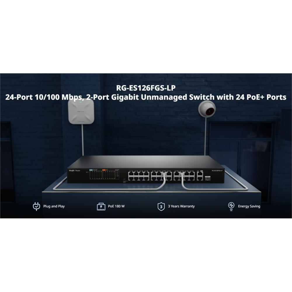 RUIJIE REYEE RG-ES126FGS-LP  26 Port, 24 Port  Megabit PoE, 180W, 2 Port Gigabit Uplink, 1 Port Gigabit COMBO,  Switch  Metal Kasa