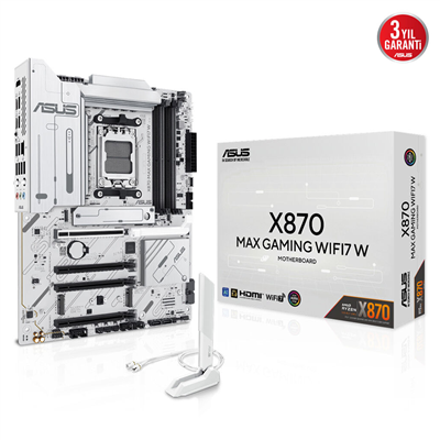 ASUS X870 MAX GAMING WIFI7 W, 4xDDR5, 3xM2, HDMI, DP, Type-C, Wi-Fi 7, Bluetooth v5.3, AM5 Soket GAMING Anakart