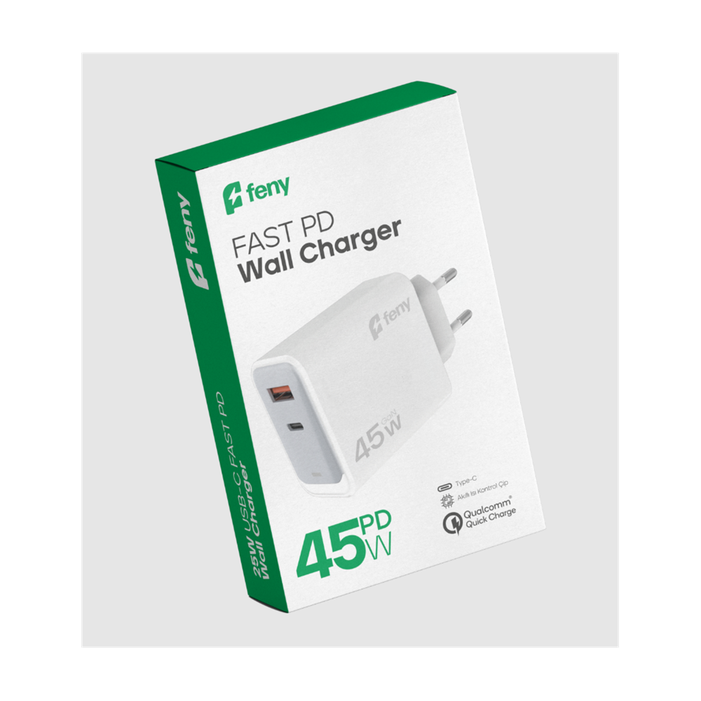FENY FN-C45, 45W, USB+Type-C, Akıllı Isı Kontrol Chip, Qualcomm Quick Charge 3.0, ŞARJ Adaptörü