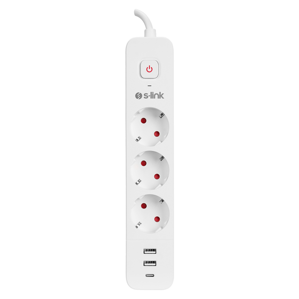 S-LINK SPG03TC, 3 Soket, Akım Korumalı Priz, 1x Type-C, 2xUSB 5V 4A, 1.5Mt %100 Bakır 1mm Kablo, 750 Joule (Beyaz)