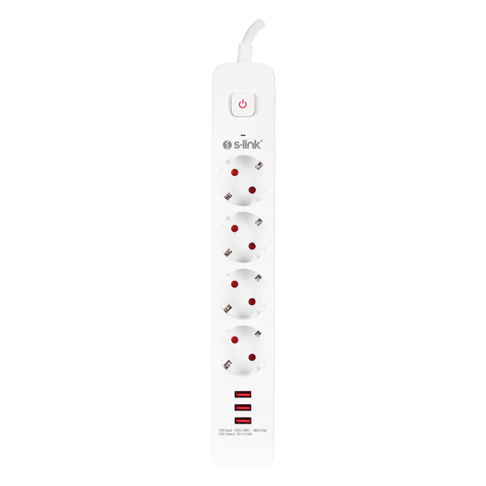 S-LINK SPG403U, 4 Soket, Akım Korumalı Priz, 3xUSB 5V 2.4A, 1.5Mt %100 Bakır 1.5mm Kablo, 750 Joule (Beyaz)