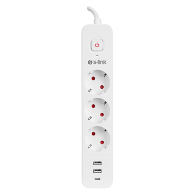 S-LINK SPG03TC, 3 Soket, Akım Korumalı Priz, 1x Type-C, 2xUSB 5V 4A, 1.5Mt %100 Bakır 1mm Kablo, 750 Joule (Beyaz)